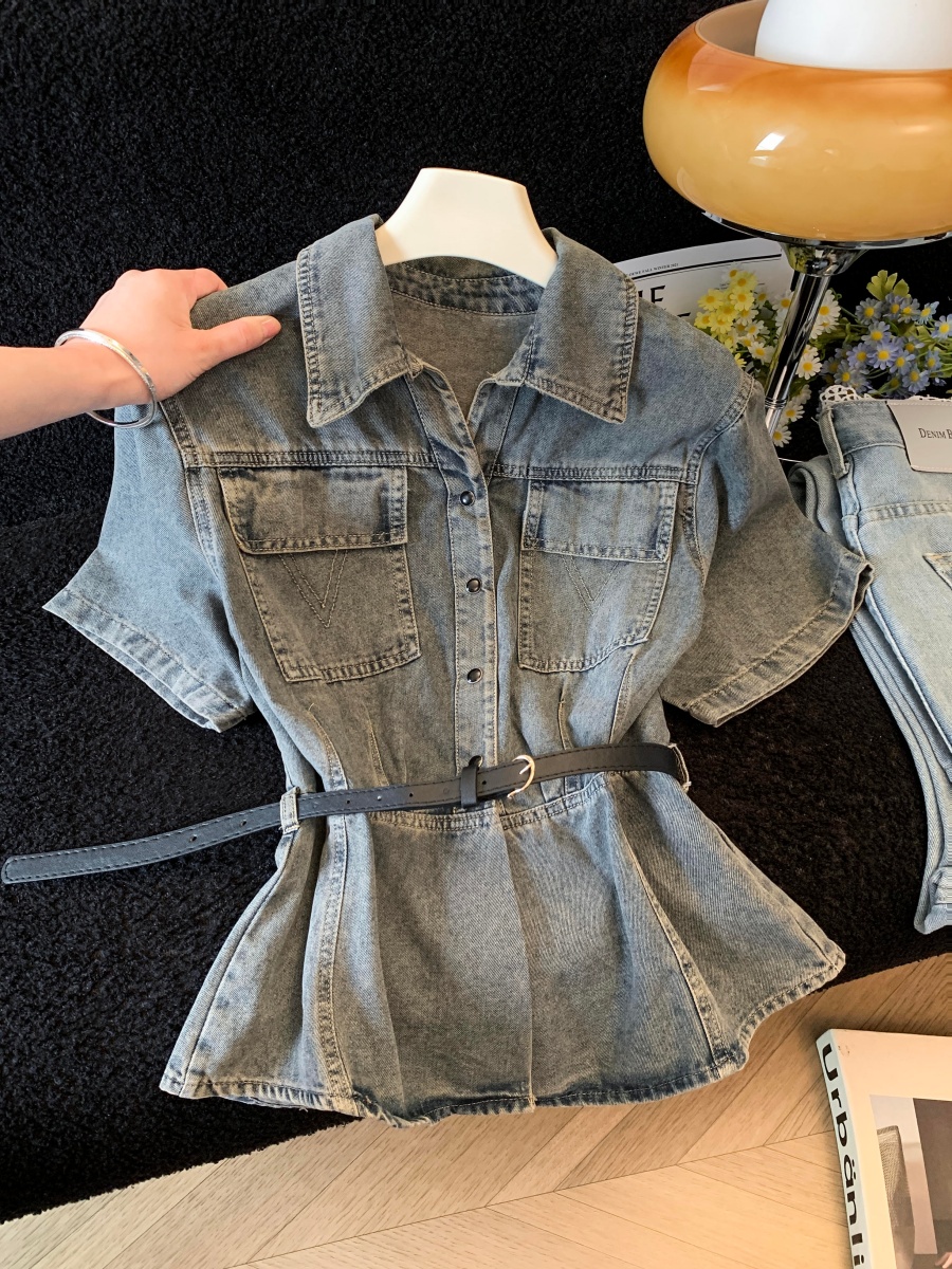 American Retro Denim Short Sleeve Shirt for Women Summer Waist-Cinching Slimming Design Top - Style b5b98a