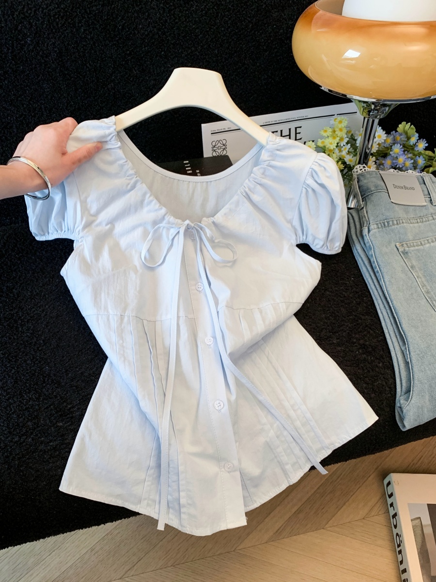 Women's Drawstring Tie Bow Shirt Summer Puff Sleeve V-Neck Top