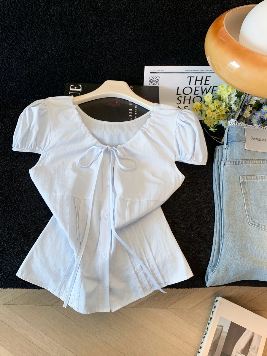 Women's Drawstring Tie Bow Shirt Summer Puff Sleeve V-Neck Top - Image 2