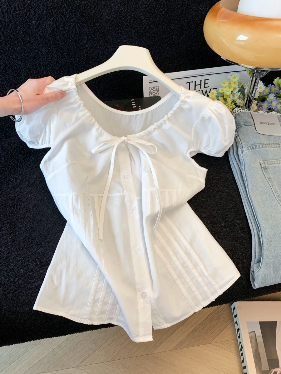 Women's Drawstring Tie Bow Shirt Summer Puff Sleeve V-Neck Top - Image 3