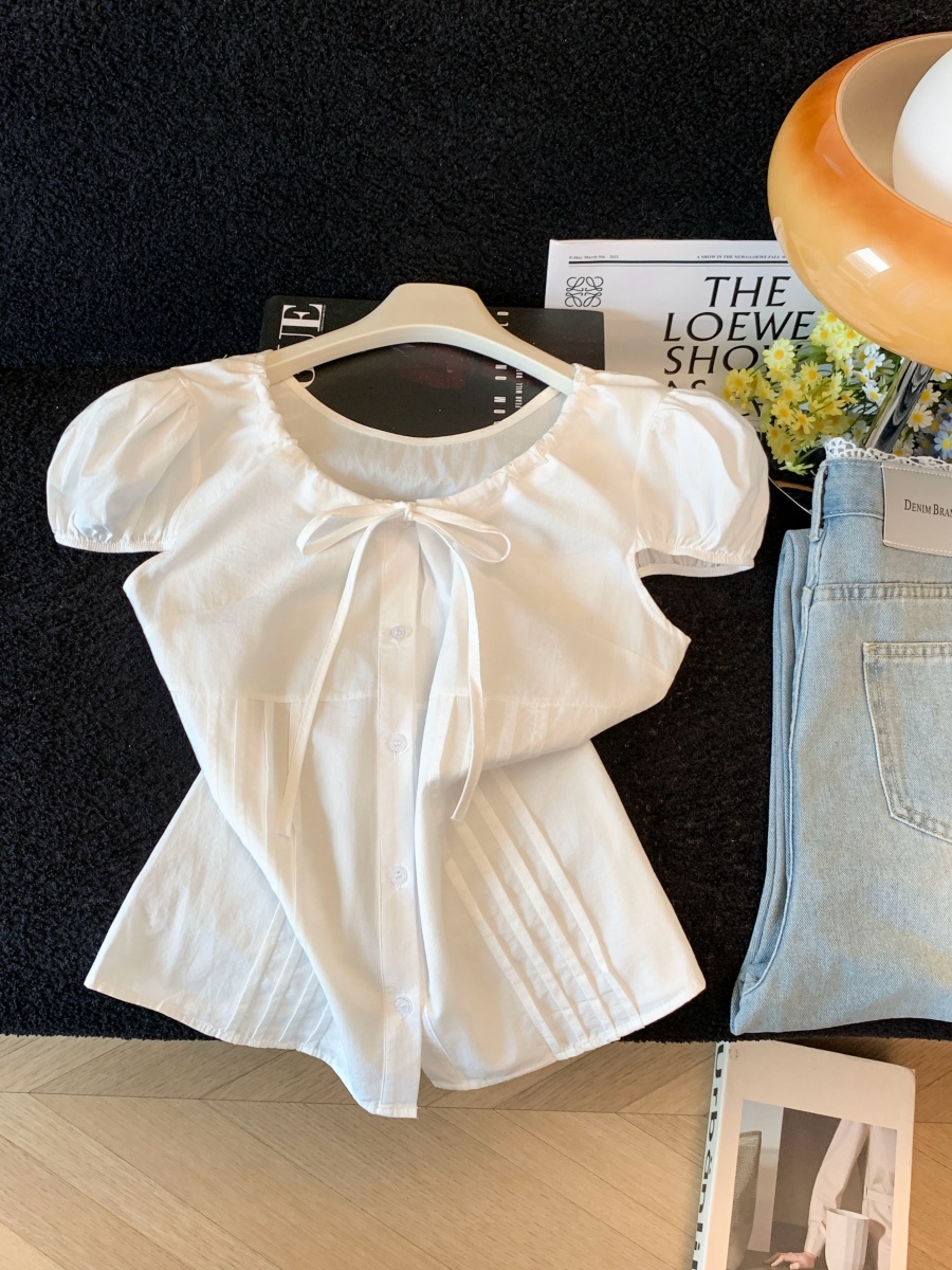 Women's Drawstring Tie Bow Shirt Summer Puff Sleeve V-Neck Top - Image 4