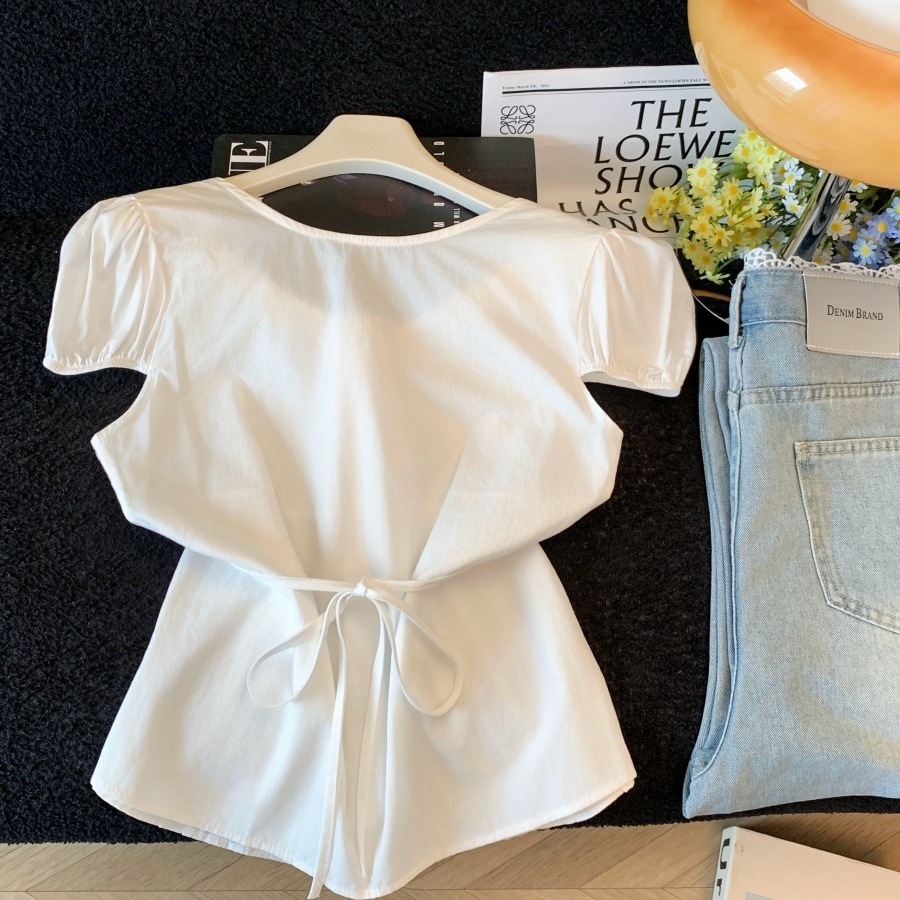 Women's Drawstring Tie Bow Shirt Summer Puff Sleeve V-Neck Top - Image 5