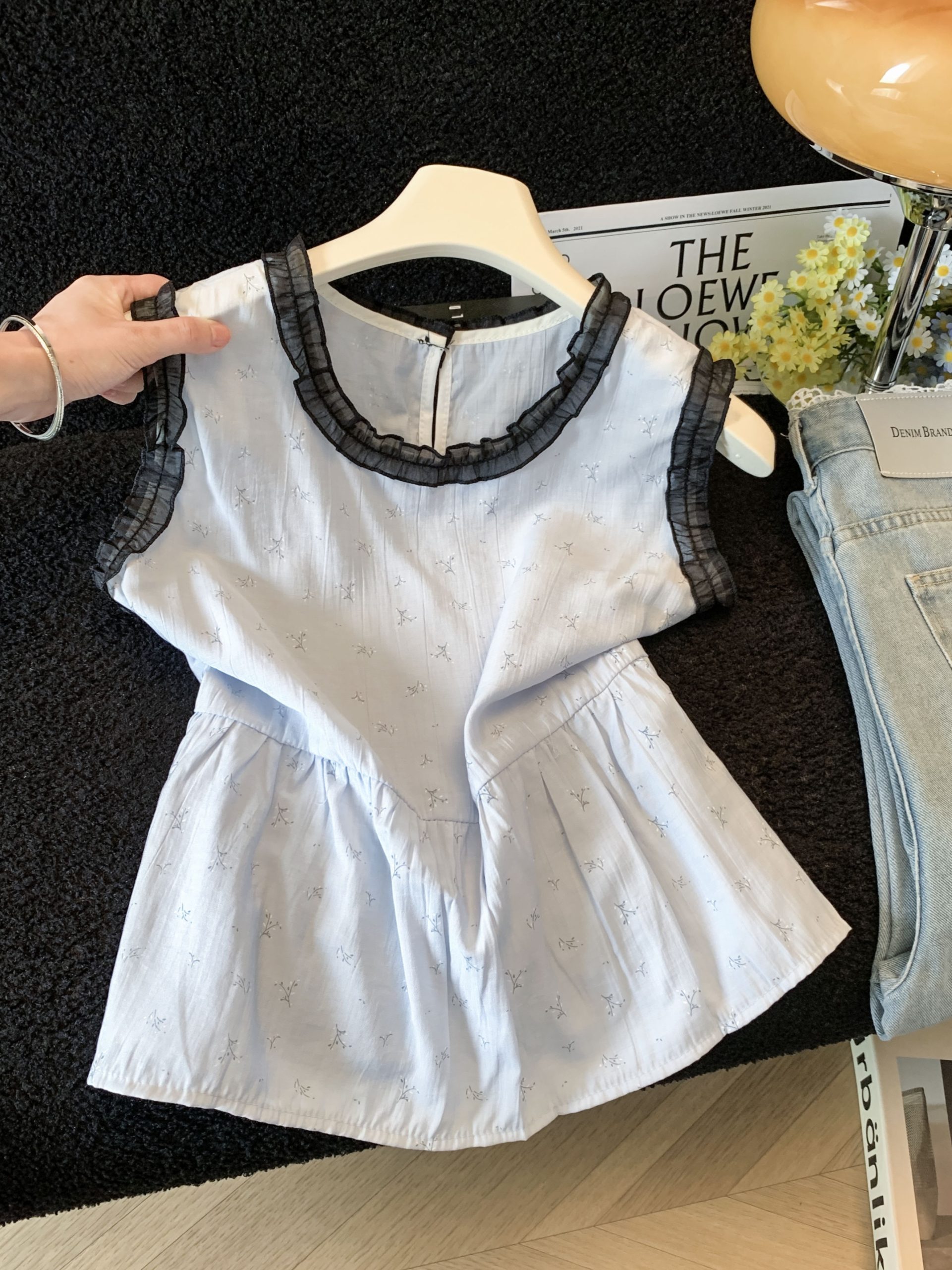Sweet Floral Ruffle Contrast Trim Round Neck Sleeveless Women's Vest 2026 Summer