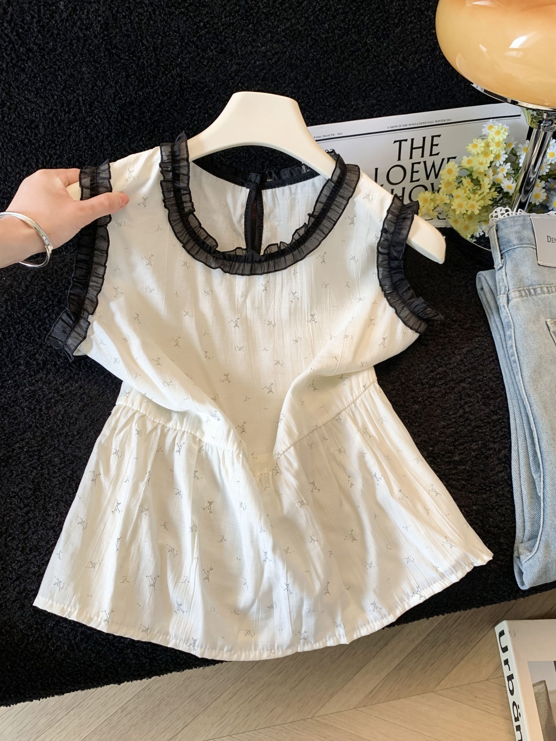 Sweet Floral Ruffle Contrast Trim Round Neck Sleeveless Women's Vest 2026 Summer - Image 3