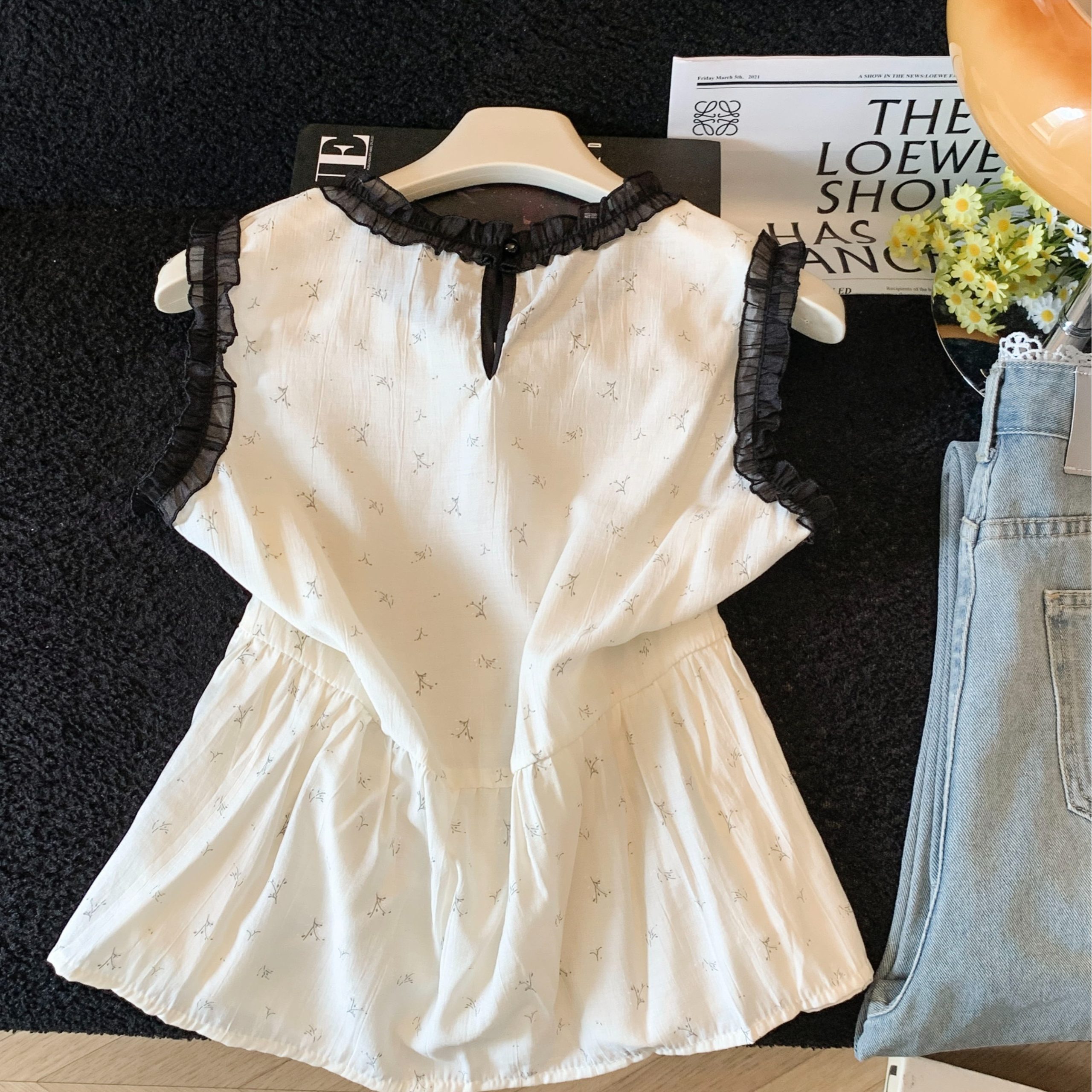 Sweet Floral Ruffle Contrast Trim Round Neck Sleeveless Women's Vest 2026 Summer - Image 5