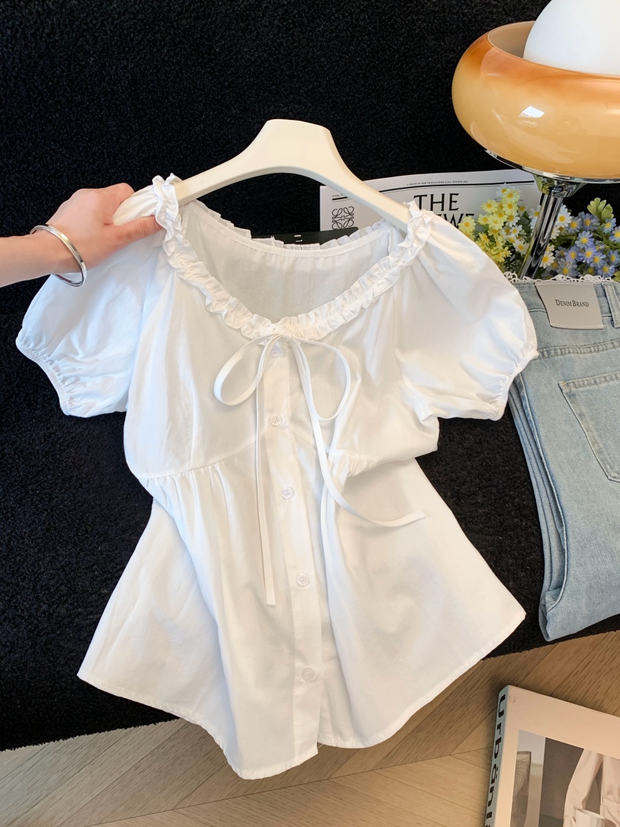 French Lace-Up Bow Shirt for Women Summer New Age-Reducing Temperament Waist-Cinching Puff Sleeve Top - Image 3