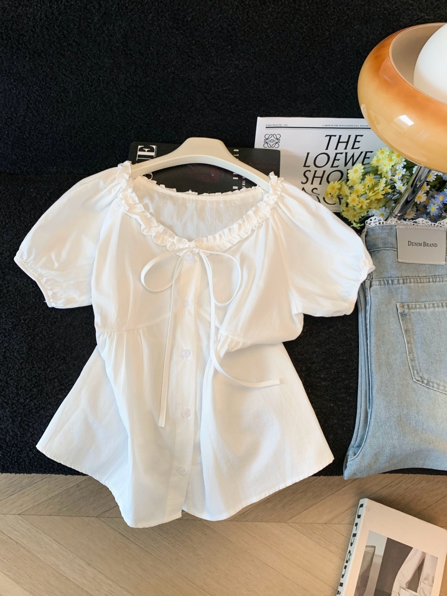 French Lace-Up Bow Shirt for Women Summer New Age-Reducing Temperament Waist-Cinching Puff Sleeve Top - Image 4