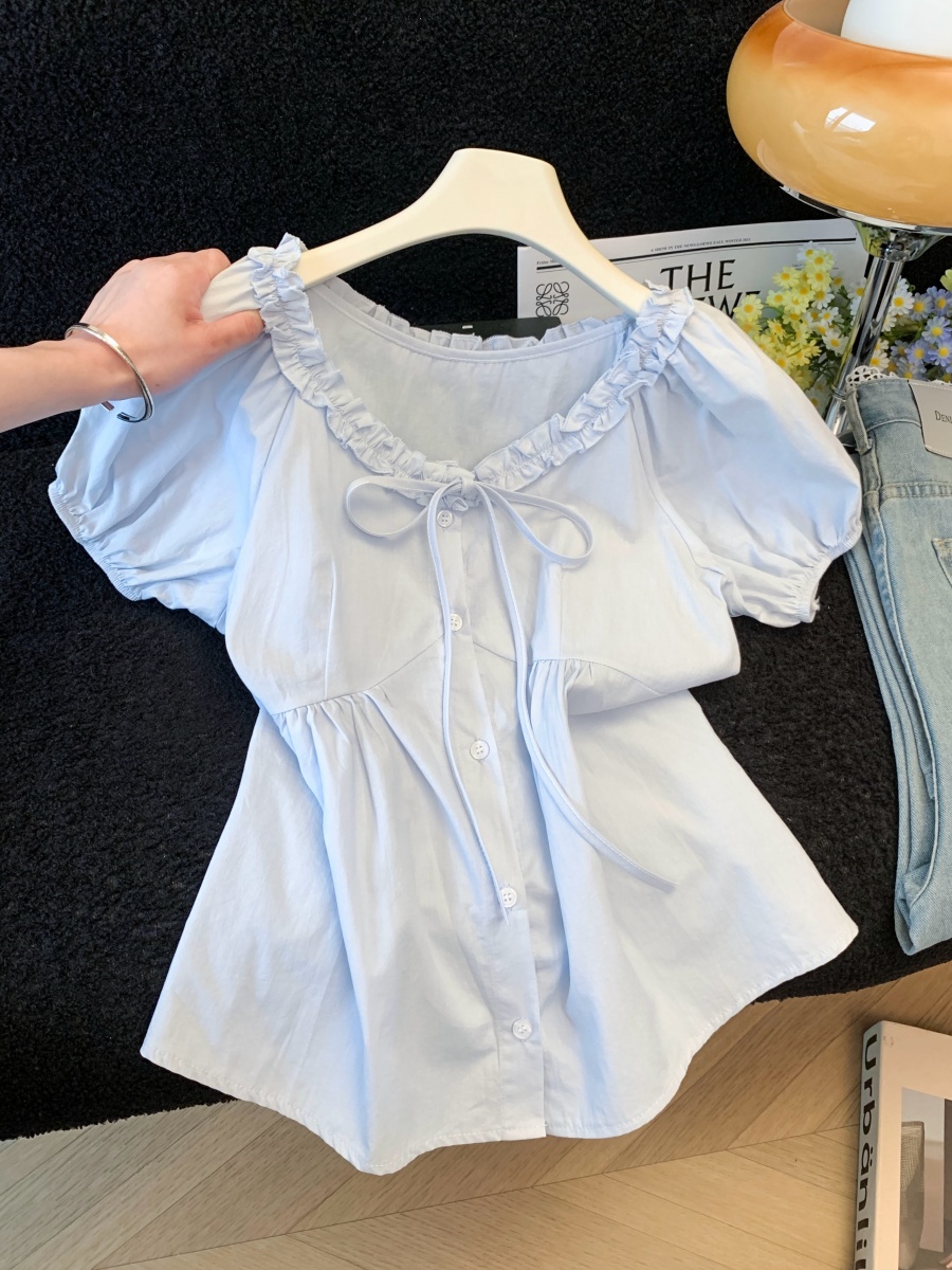 French Lace-Up Bow Shirt for Women Summer New Age-Reducing Temperament Waist-Cinching Puff Sleeve Top