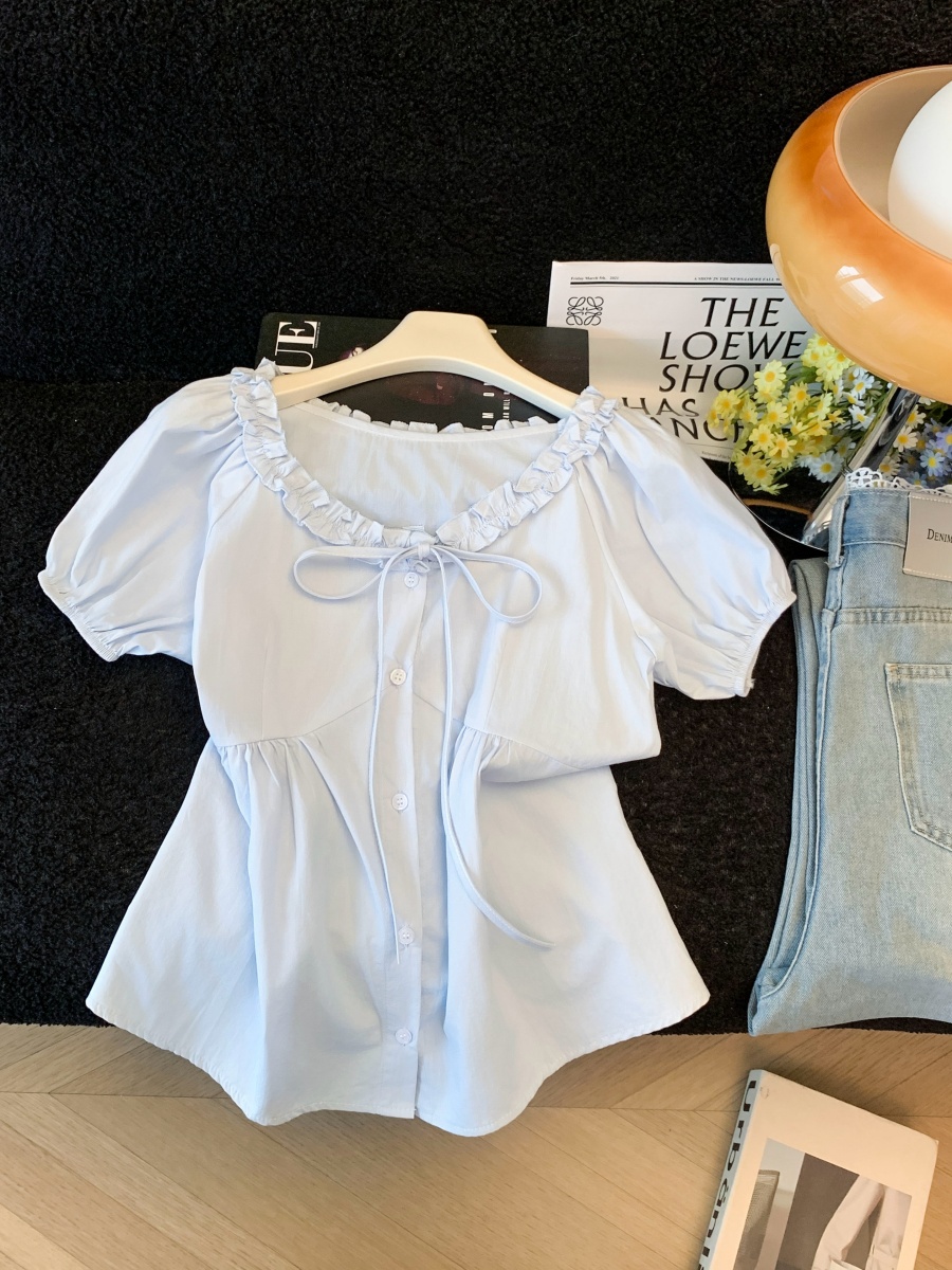 French Lace-Up Bow Shirt for Women Summer New Age-Reducing Temperament Waist-Cinching Puff Sleeve Top - Image 2