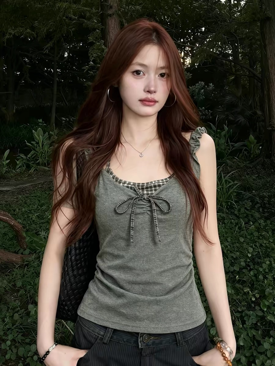 Gray Plaid Spliced Faux Two-Piece Bow Camisole Vest Women 2026 Summer Korean Style Top