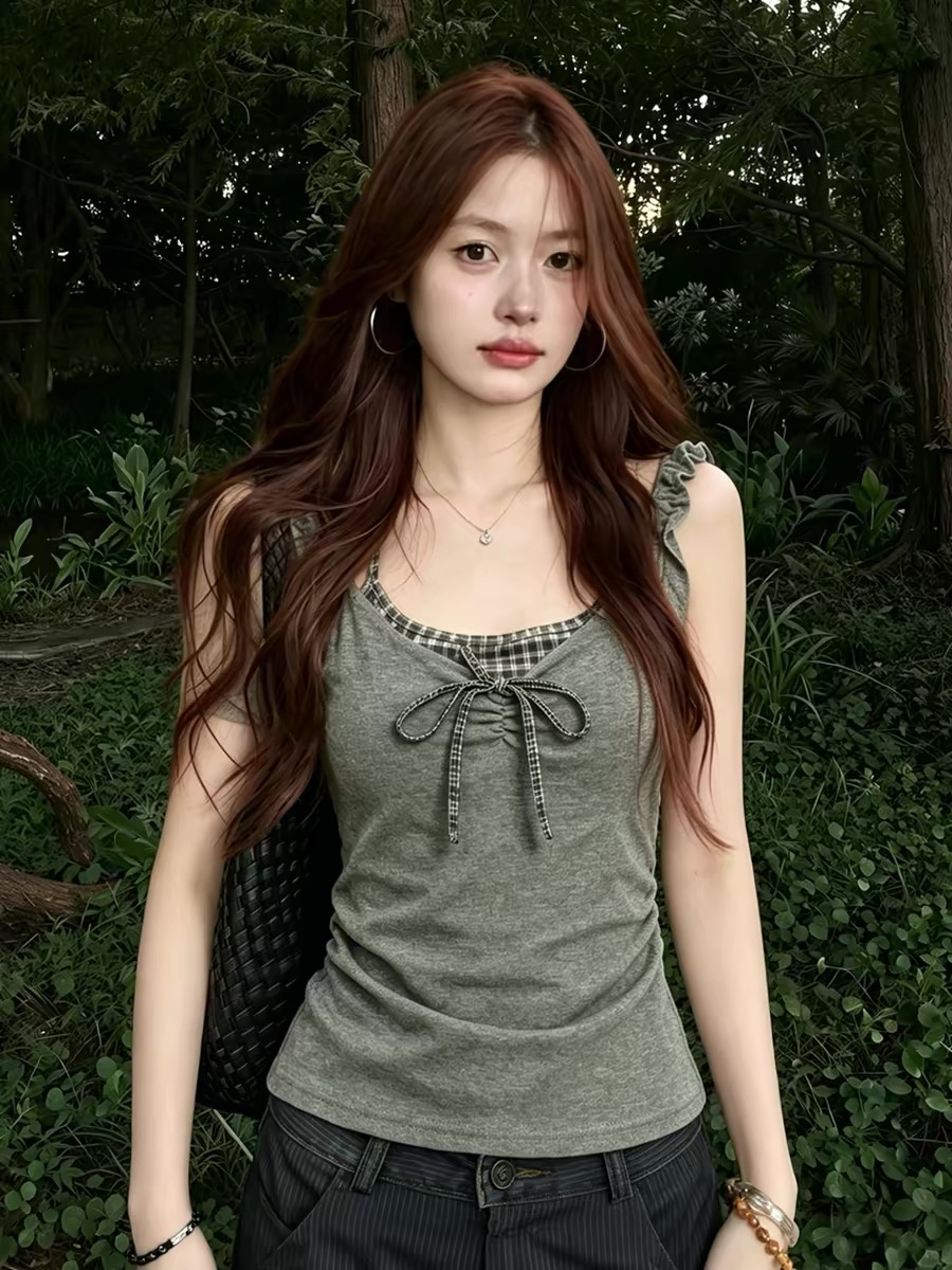 Gray Plaid Spliced Faux Two-Piece Bow Camisole Vest Women 2026 Summer Korean Style Top - Image 2