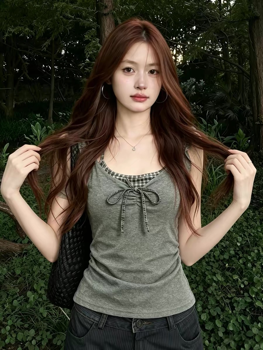 Gray Plaid Spliced Faux Two-Piece Bow Camisole Vest Women 2026 Summer Korean Style Top - Image 3