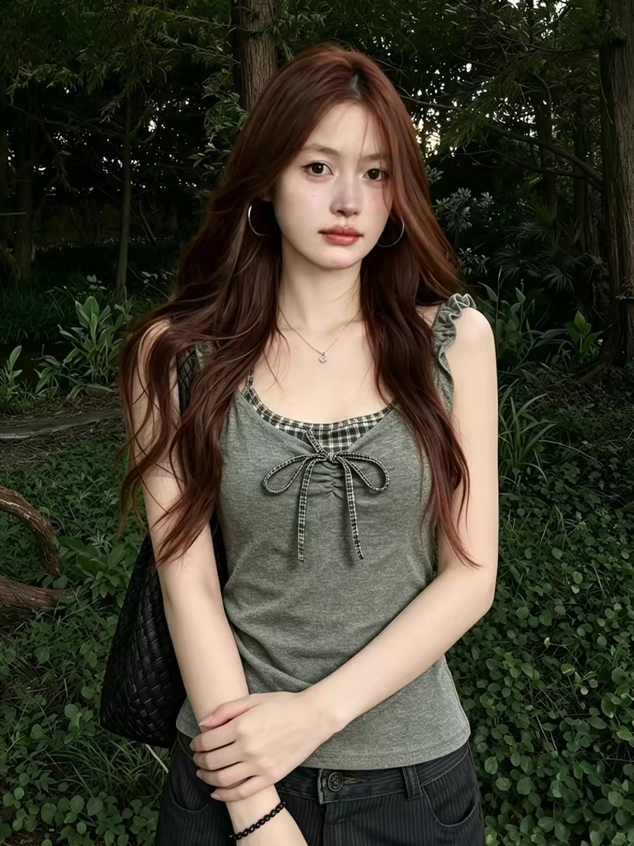 Gray Plaid Spliced Faux Two-Piece Bow Camisole Vest Women 2026 Summer Korean Style Top - Image 4