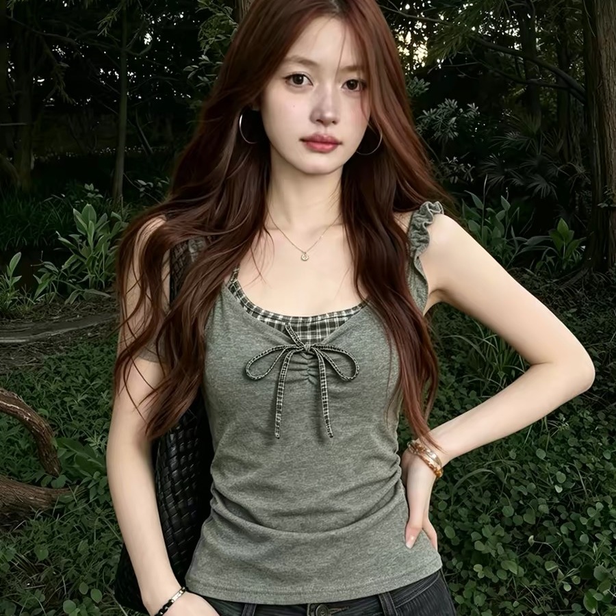 Gray Plaid Spliced Faux Two-Piece Bow Camisole Vest Women 2026 Summer Korean Style Top - Image 5