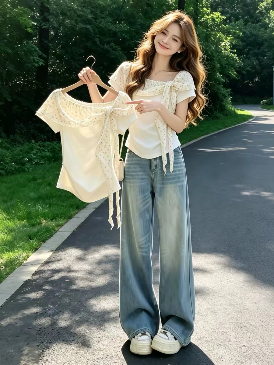 Off-White Floral Lace-Up Bow Slim Short-Sleeve T-Shirt for Women 2026 Summer - Image 3