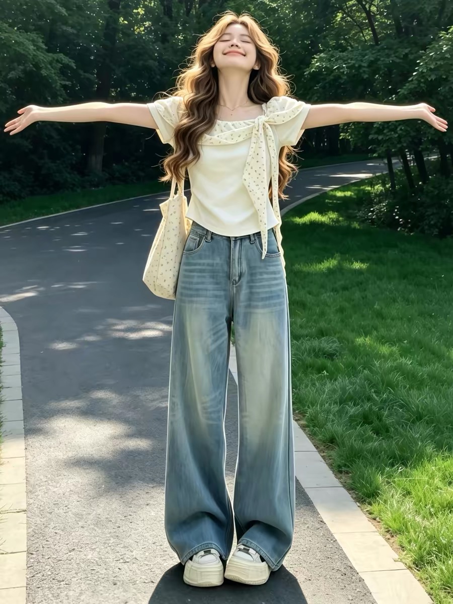 Off-White Floral Lace-Up Bow Slim Short-Sleeve T-Shirt for Women 2026 Summer - Image 4