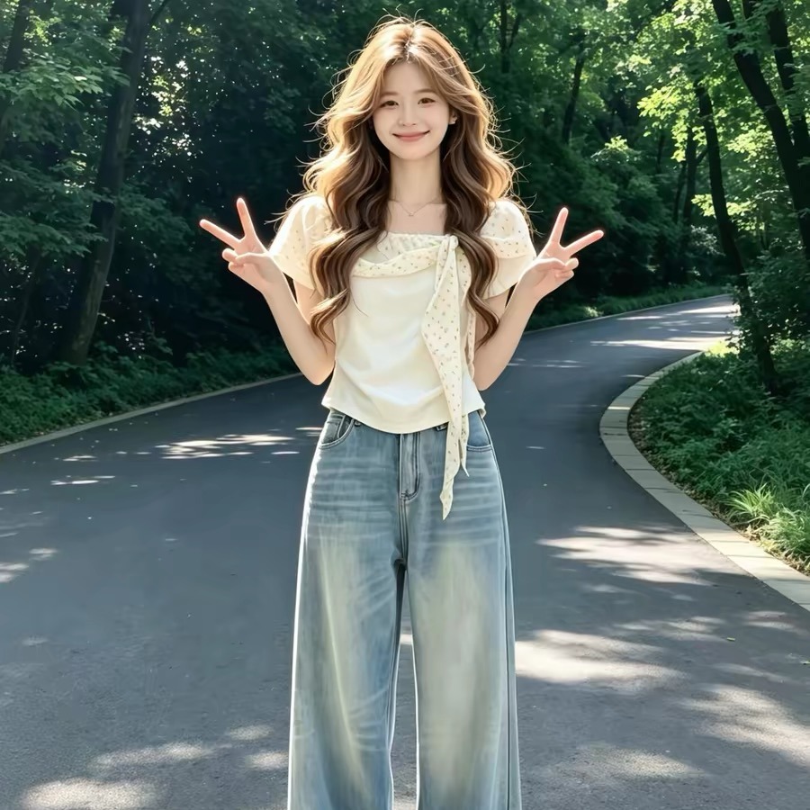 Off-White Floral Lace-Up Bow Slim Short-Sleeve T-Shirt for Women 2026 Summer - Image 5