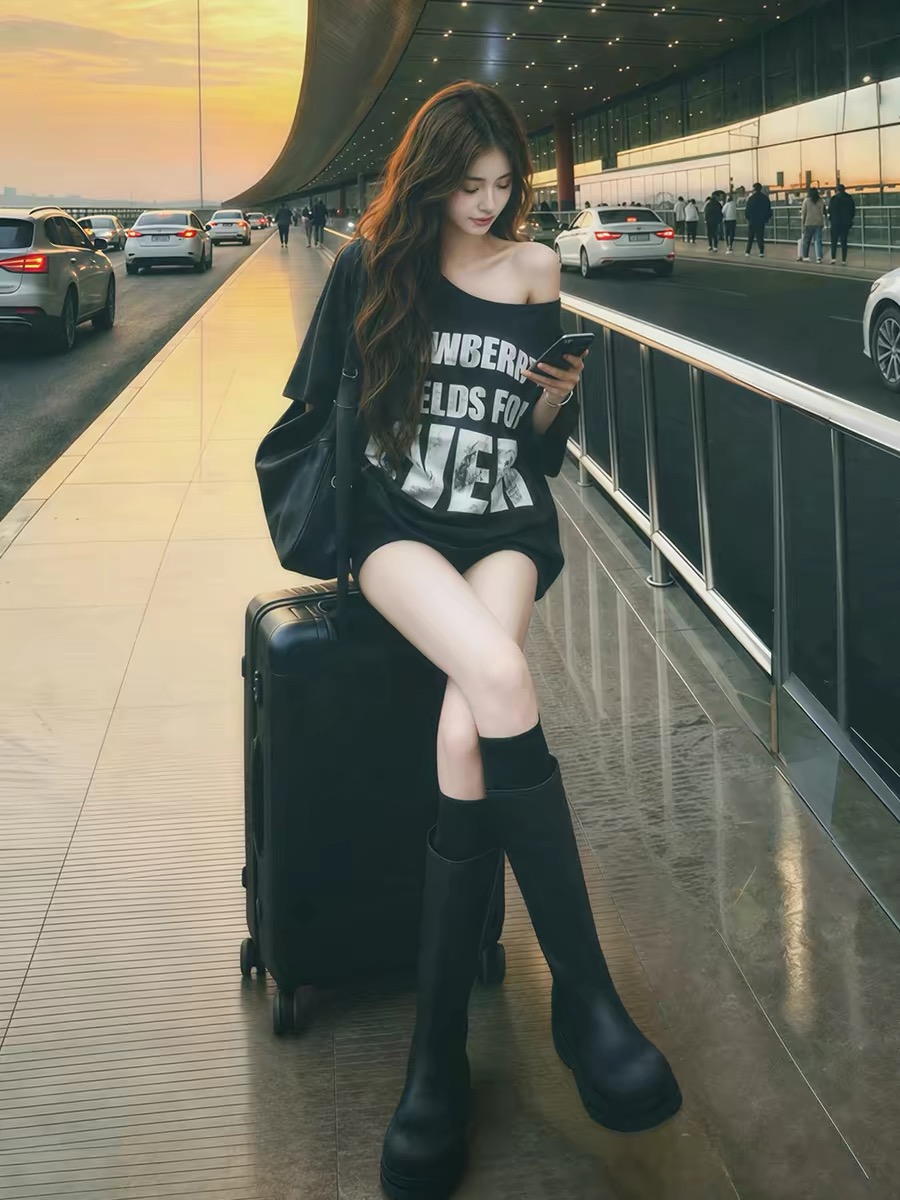 American Retro Black Letter Off-Shoulder Short-Sleeve T-Shirt for Women 2026 Summer Top Street Music Festival Outfit - Image 2