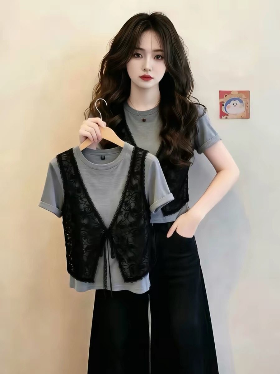 Gray Lace Vest Tie Design Short Sleeve T-Shirt Women Summer 2026 New