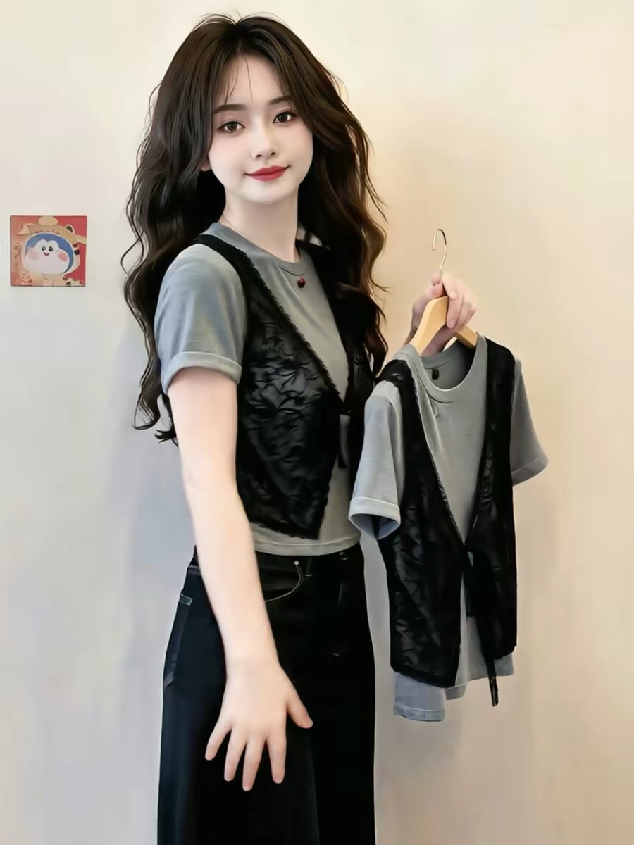 Gray Lace Vest Tie Design Short Sleeve T-Shirt Women Summer 2026 New - Image 3