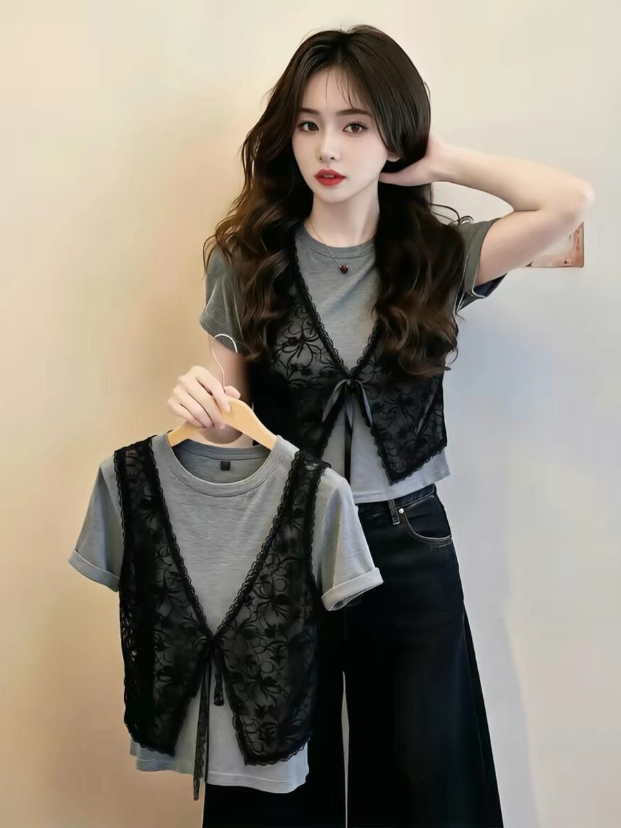 Gray Lace Vest Tie Design Short Sleeve T-Shirt Women Summer 2026 New - Image 4