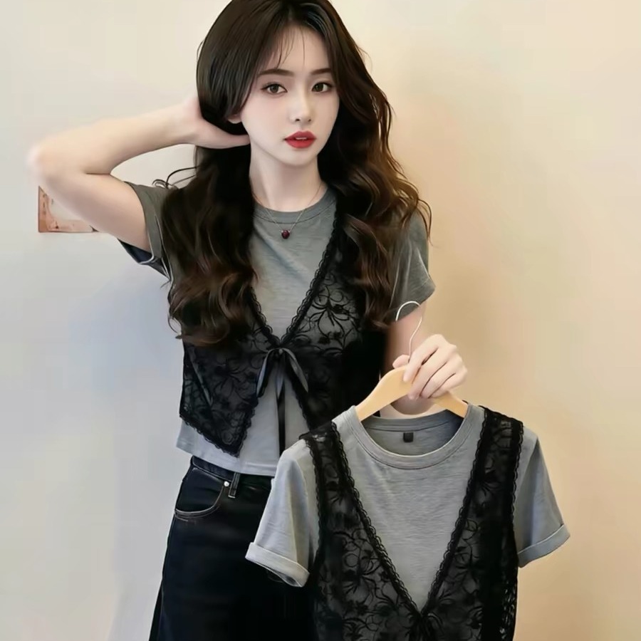 Gray Lace Vest Tie Design Short Sleeve T-Shirt Women Summer 2026 New - Image 5