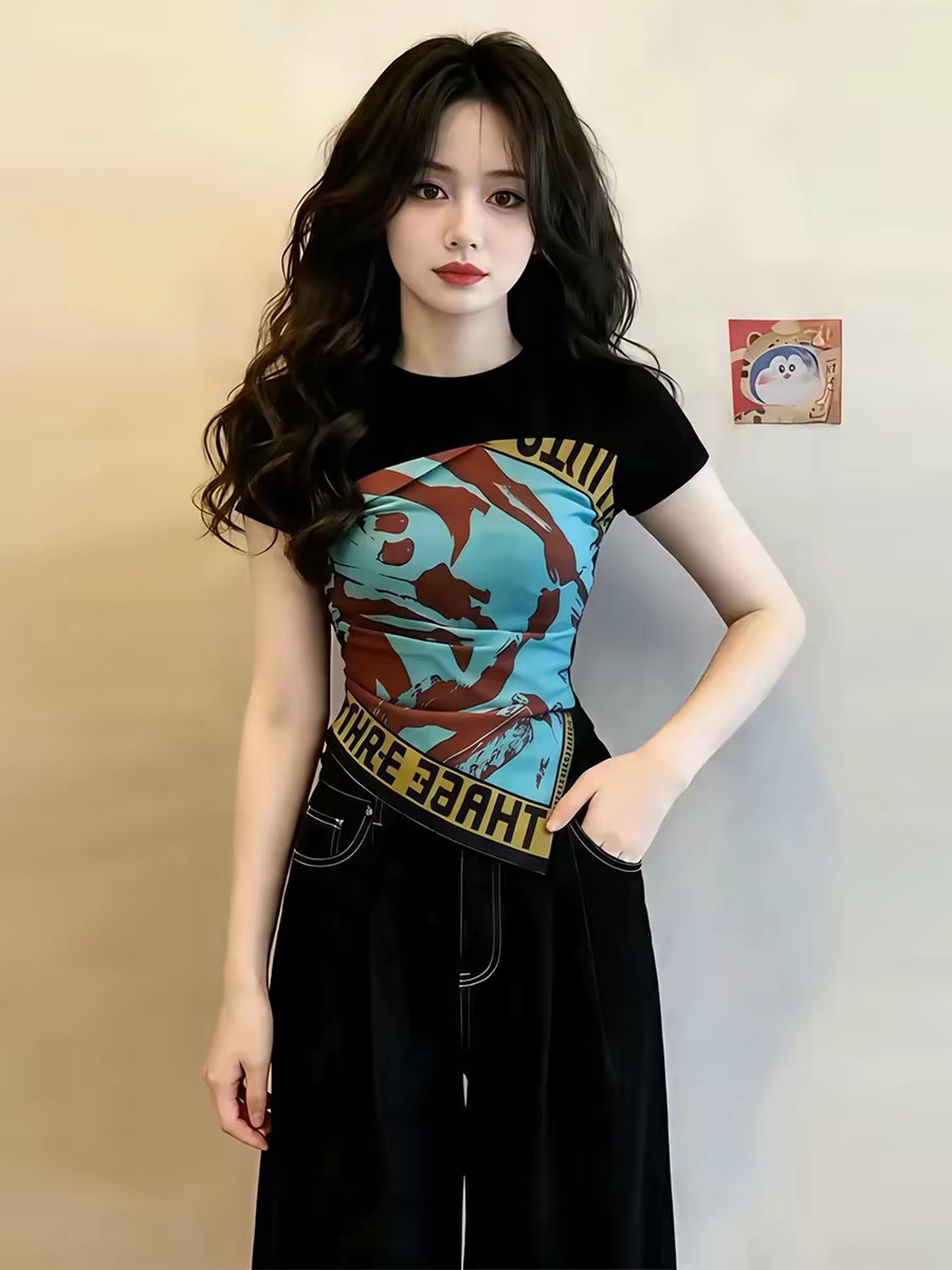 Black Print Twist Waist Short Sleeve T-Shirt for Women 2026 Summer