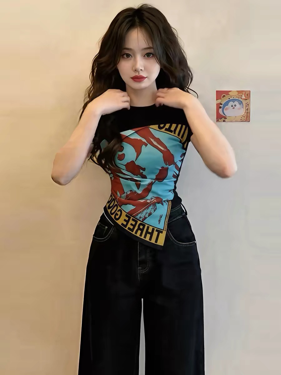 Black Print Twist Waist Short Sleeve T-Shirt for Women 2026 Summer - Image 2