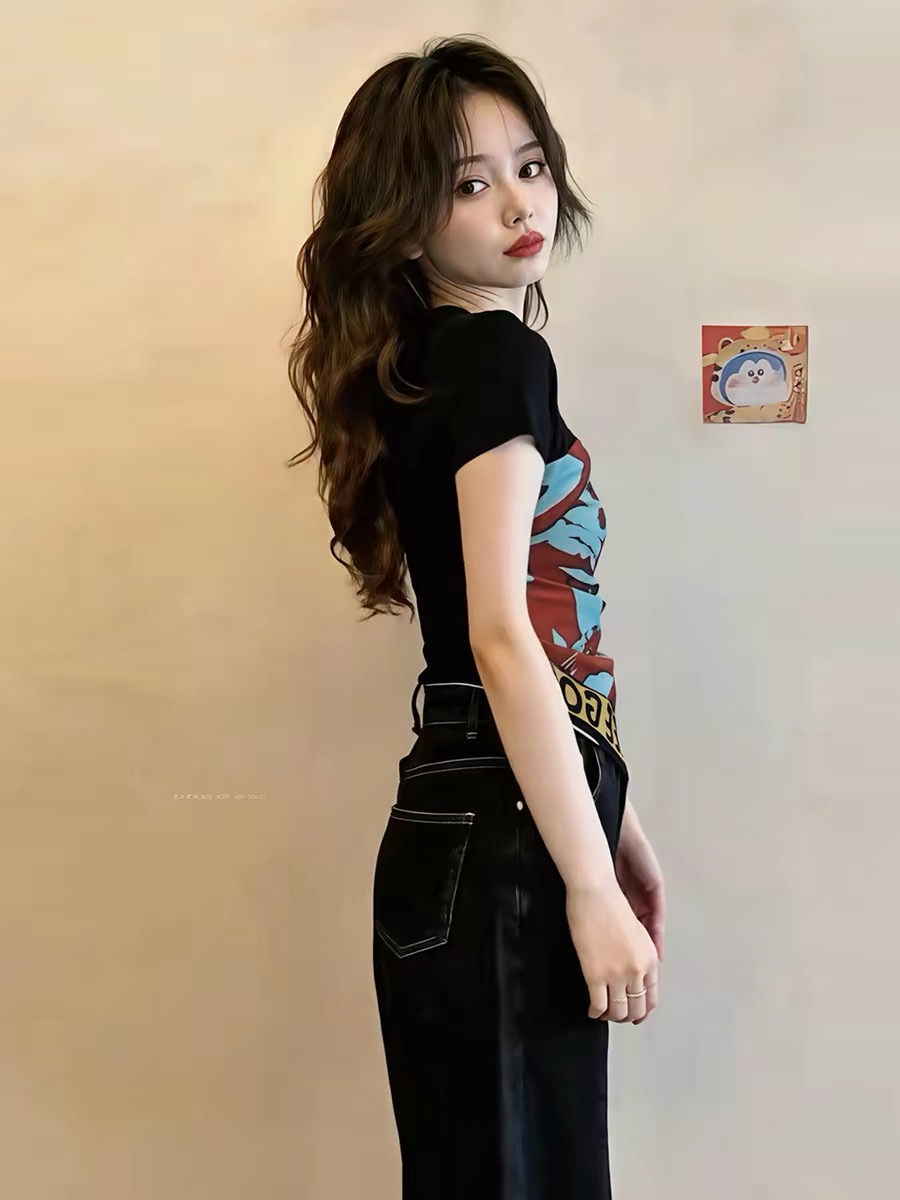 Black Print Twist Waist Short Sleeve T-Shirt for Women 2026 Summer - Image 3
