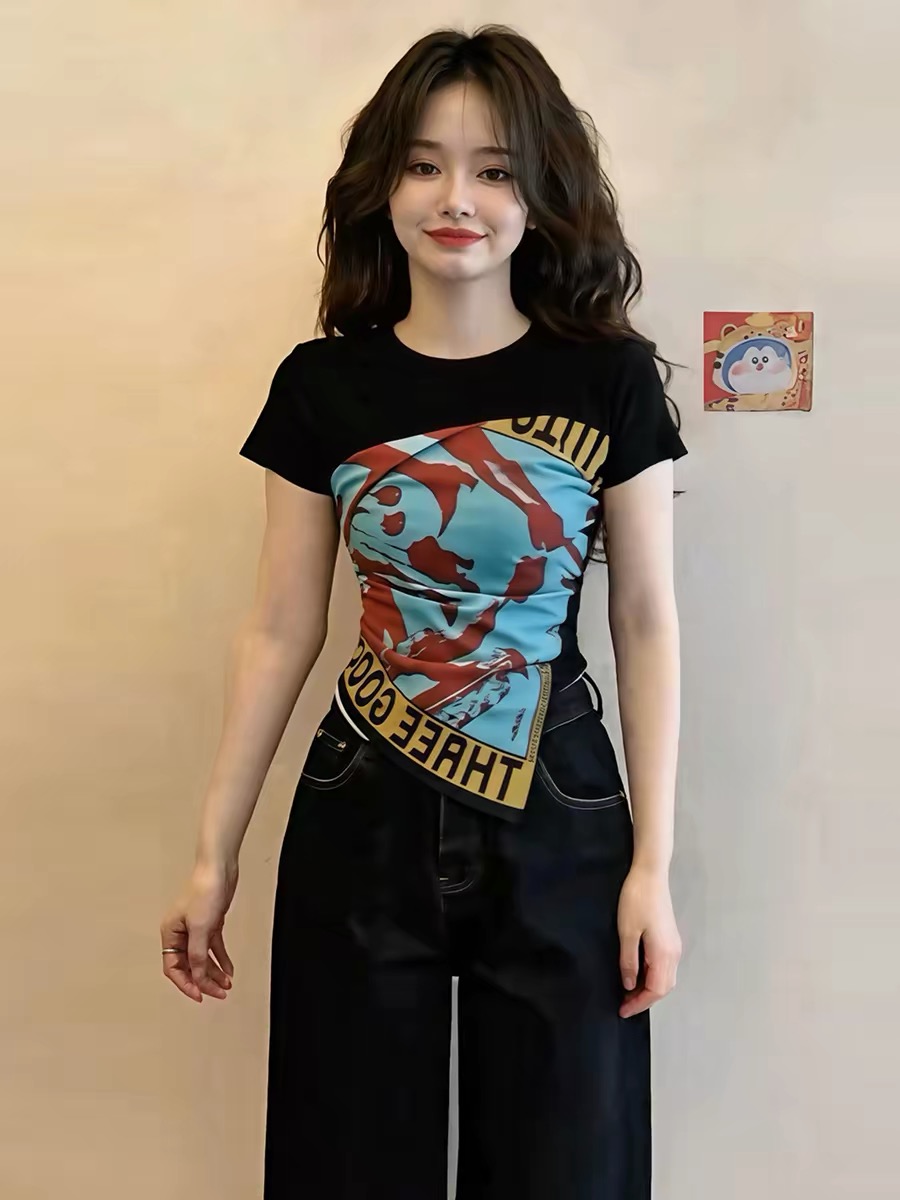 Black Print Twist Waist Short Sleeve T-Shirt for Women 2026 Summer - Image 4