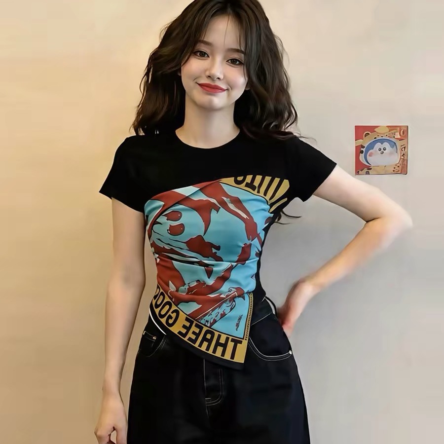 Black Print Twist Waist Short Sleeve T-Shirt for Women 2026 Summer - Image 5