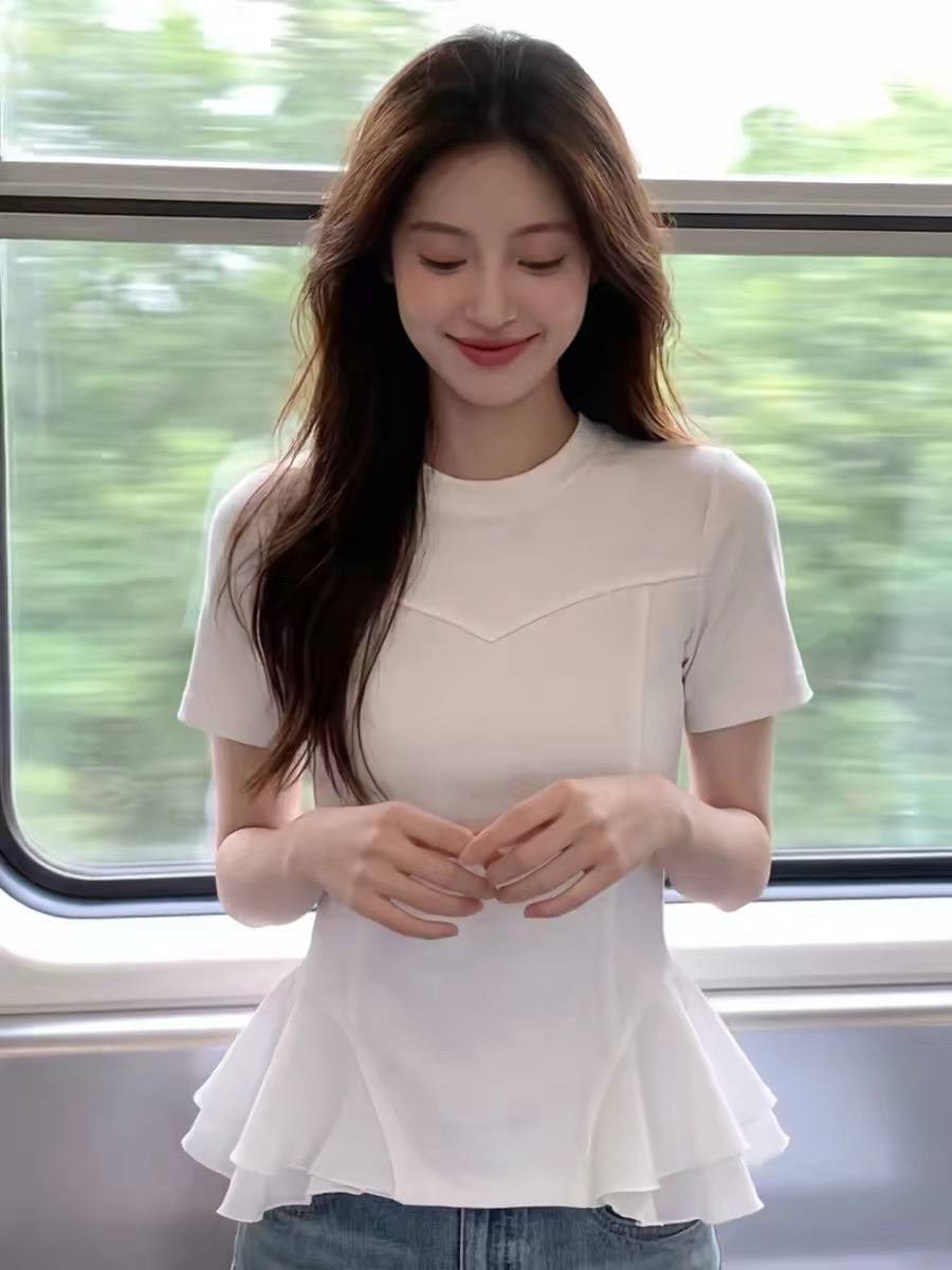 Women's White Cinched Waist Ruffle Short Sleeve T-Shirt 2026 Summer French Style Chic Commute Top - Image 3