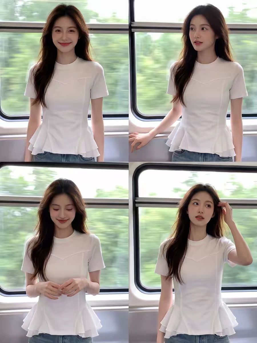 Women's White Cinched Waist Ruffle Short Sleeve T-Shirt 2026 Summer French Style Chic Commute Top - Image 4