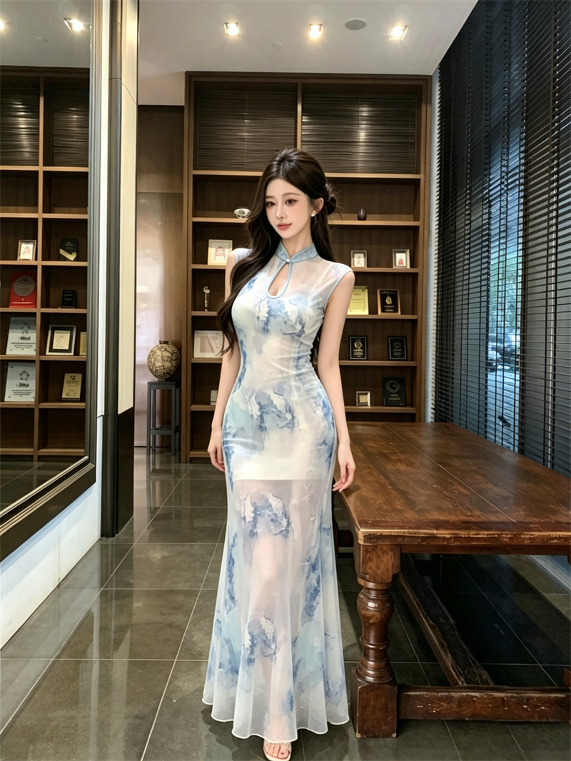 New Chinese Style Dress Elegant Improved Qipao Sexy Waist Mesh Bodycon Dress - Image 2