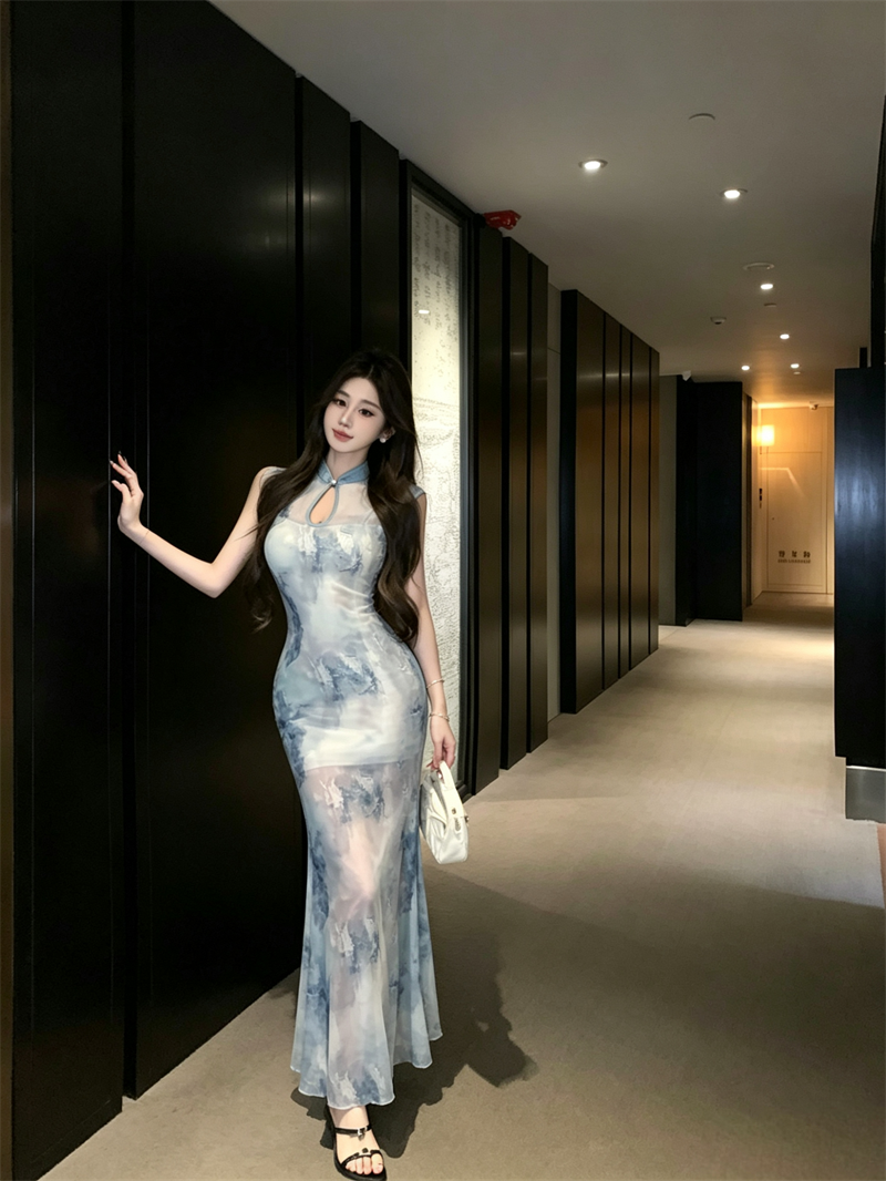 New Chinese Style Dress Elegant Improved Qipao Sexy Waist Mesh Bodycon Dress