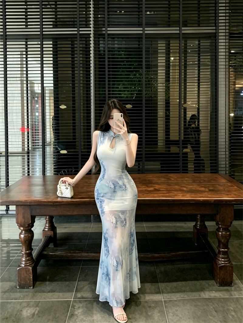 New Chinese Style Dress Elegant Improved Qipao Sexy Waist Mesh Bodycon Dress - Image 3