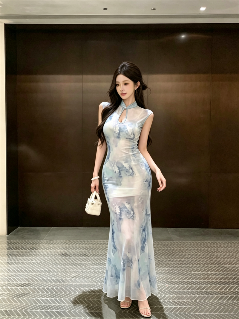 New Chinese Style Dress Elegant Improved Qipao Sexy Waist Mesh Bodycon Dress - Image 4