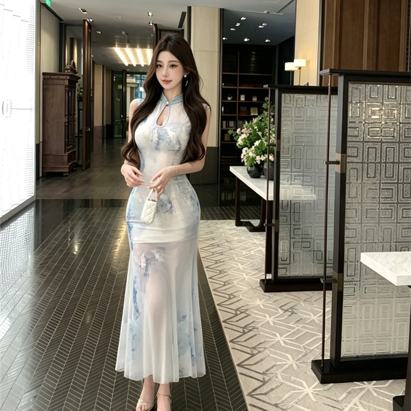 New Chinese Style Dress Elegant Improved Qipao Sexy Waist Mesh Bodycon Dress - Image 5