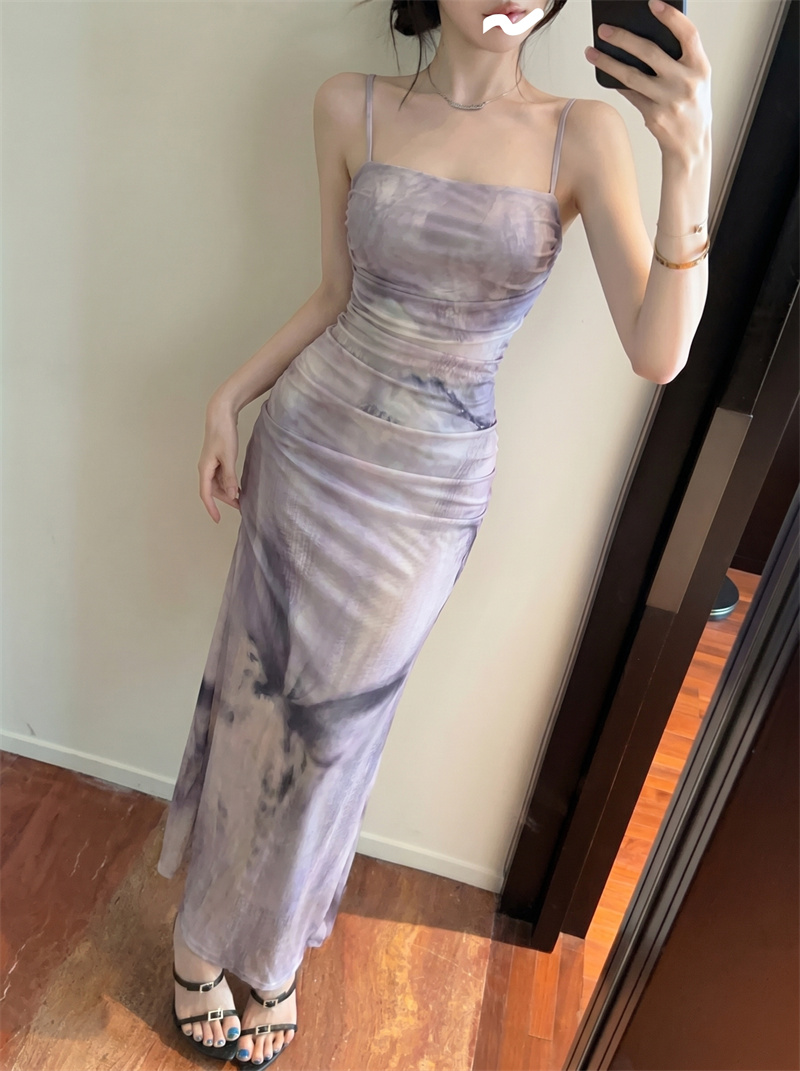 Women's Purple Tie-Dye Print Cami Dress Summer 2026 Bodycon Long Dress