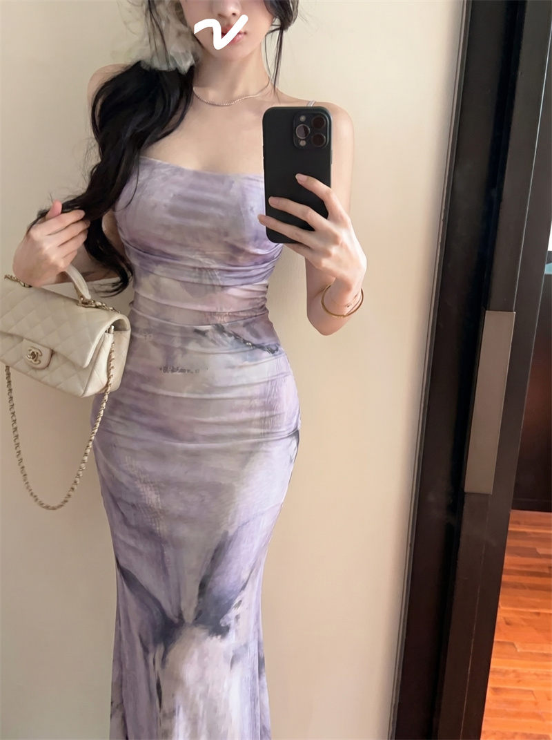 Women's Purple Tie-Dye Print Cami Dress Summer 2026 Bodycon Long Dress - Image 2
