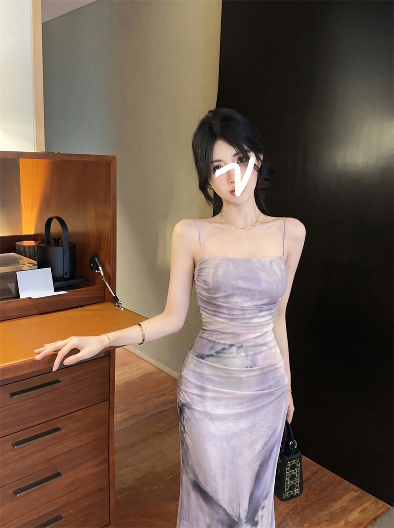 Women's Purple Tie-Dye Print Cami Dress Summer 2026 Bodycon Long Dress - Image 3