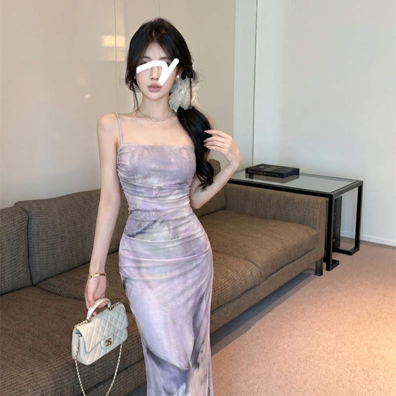 Women's Purple Tie-Dye Print Cami Dress Summer 2026 Bodycon Long Dress - Image 5