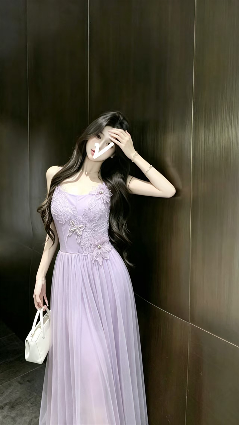 French Style Beach Vacation Long Lace Cami Dress with Waist