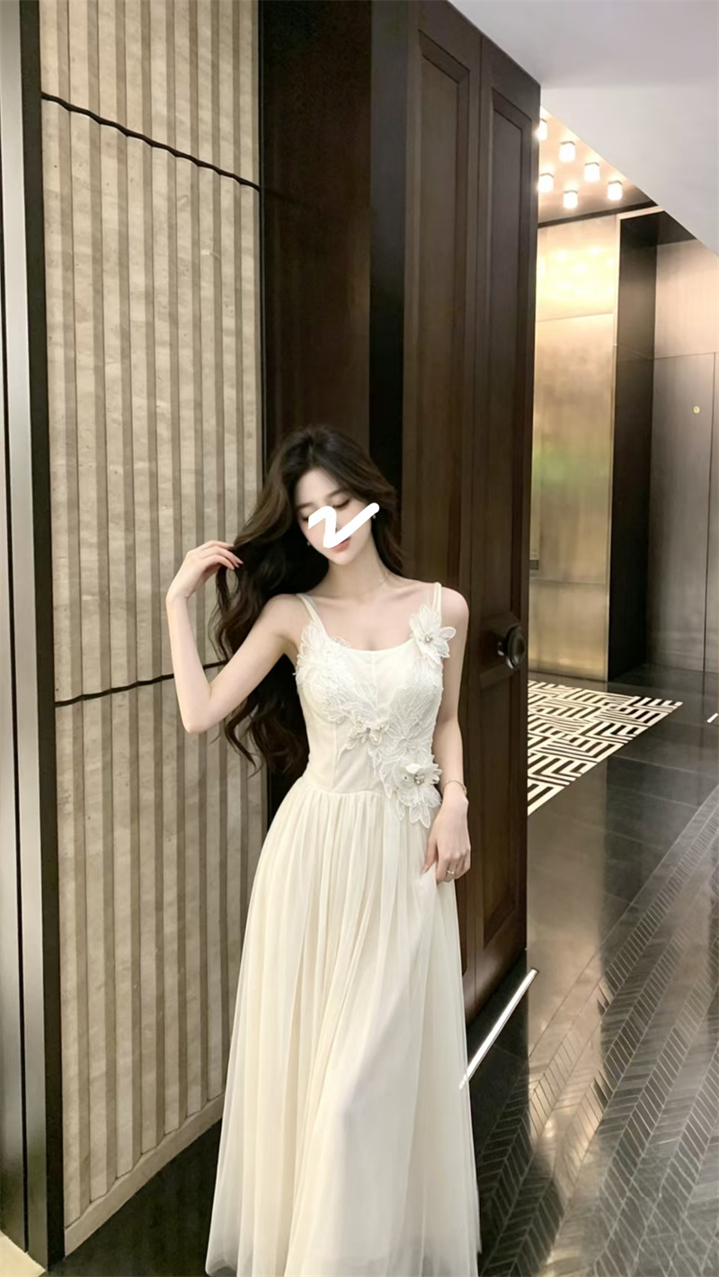 French Style Beach Vacation Long Lace Cami Dress with Waist - Image 4