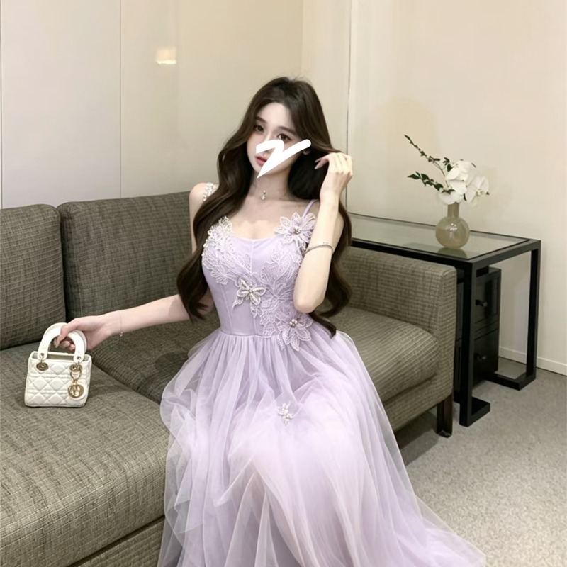 French Style Beach Vacation Long Lace Cami Dress with Waist - Image 5