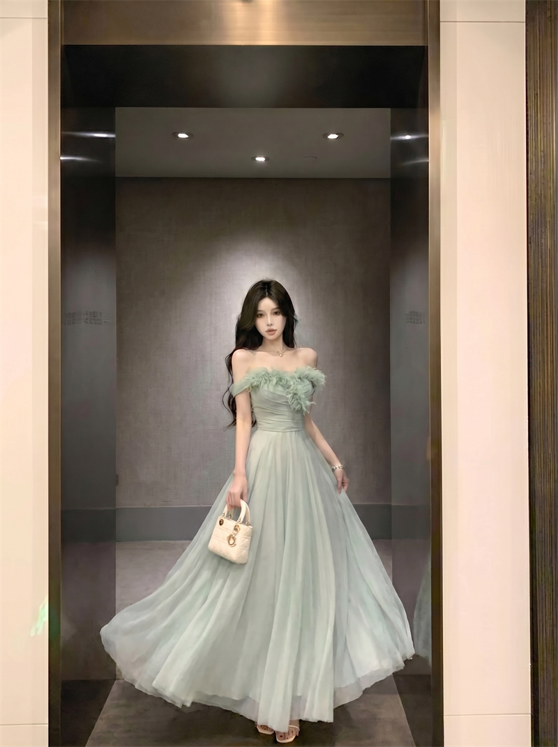 Off-Shoulder Mesh Dress with 3D Floral and Flared Skirt
