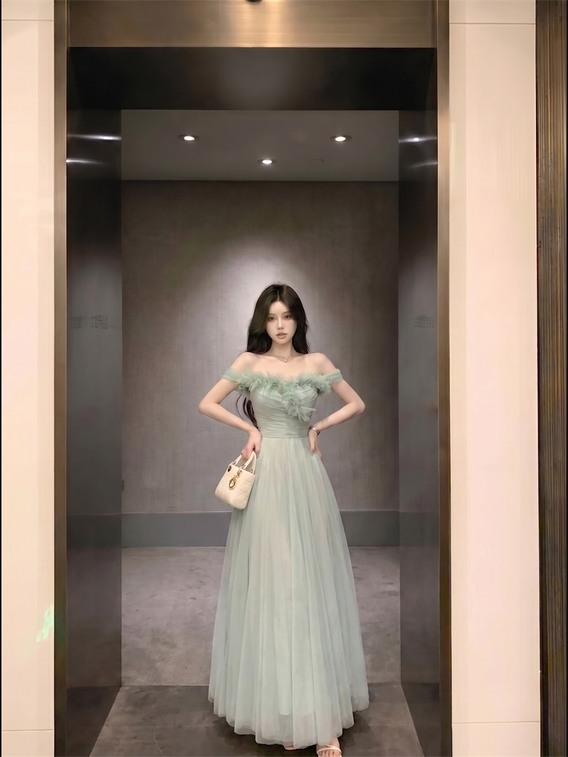 Off-Shoulder Mesh Dress with 3D Floral and Flared Skirt - Image 2