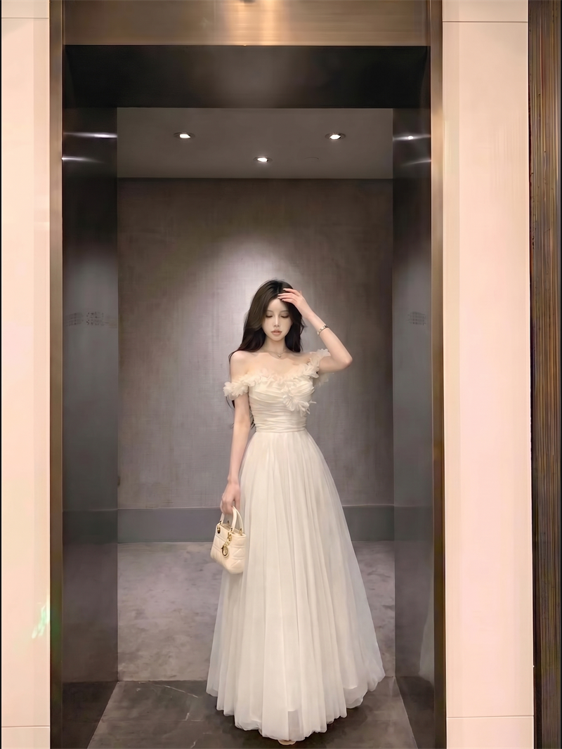 Off-Shoulder Mesh Dress with 3D Floral and Flared Skirt - Image 3