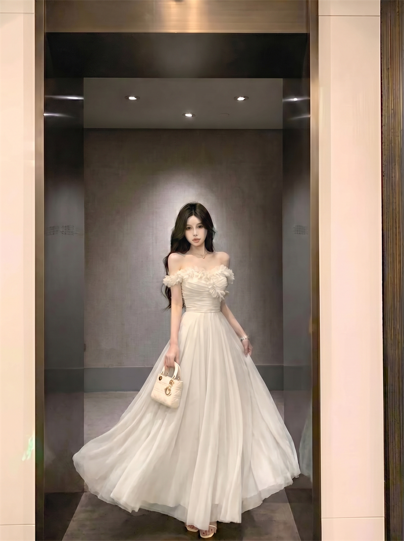 Off-Shoulder Mesh Dress with 3D Floral and Flared Skirt - Image 4