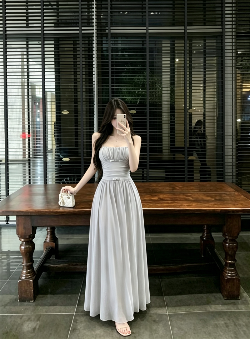 French Vintage Sleeveless Dress Summer 2026 Elegant Cinched Waist Beach Vacation Long Dress - Image 4